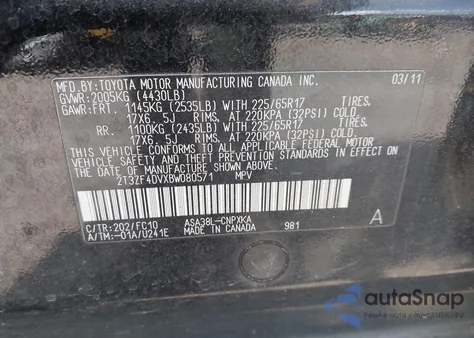 2011 Toyota Rav4 from USA, damaged, VIN 2T3ZF4DVXBW080571